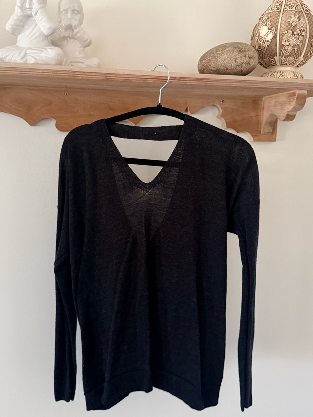 All Saints Black Long Sleeve V-Neck Top with open draped back